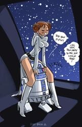 a_new_hope au_(artist) boli boli-blog boots breasts clothing droid erect_nipples high_heel_boots high_heels human nipple_bulge princess_leia_organa r2-d2 star_wars text tiptoes