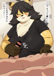4_fingers akitaka anthro big_breasts black_body black_fur black_hair bodily_fluids breasts canid canine censor_bar censored closed_eyes clothed clothing duo erection eyebrow_through_hair eyebrows faceless_character faceless_male female female_focus fingers fox fur genitals hair handjob hi_res human human_on_anthro humanoid_genitalia humanoid_penis interspecies japanese_text kemono long_hair male male/female mammal motion_lines multicolored_body multicolored_fur open_mouth penile penis sex shirt solo_focus sweat t-shirt tan_body tan_fur teeth text topwear translation_request translucent translucent_hair white_body white_fur