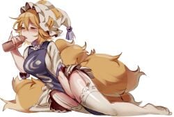 1boy blonde_hair blue_dress breasts dress fellatio female female_masturbation fingernails fox_girl fox_tail garter_straps hair_between_eyes hat highres large_breasts long_fingernails male masturbation multi_tail no_shoes oral pelvic_curtain ran_yakumo red_nails short_hair tail thighhighs touhou white_garter_straps white_hat white_sleeves white_thighhighs yakumo_ran zuomerika