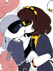 arms_tied blush bondage braids erection_under_clothes feeling_pleasured female femdom handjob_under_clothes head_wraps kissing murder_drone murder_drones oc sdanii tentacle tentacles_around_arms worker_drone