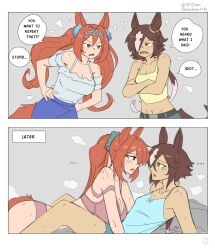 ... 2girls 427deer animal_ears animal_tail arguing arms_behind_back artist_name bangs bed belt between_legs blue_skirt blush bow bra bra_strap_down bra_strap_slip breasts breath_cloud brown_eyes brown_hair cleavage comic_page crossed_arms daiwa_scarlet_(umamusume) duo ear_ornament earrings english_dialogue english_text eyebrows_visible_through_hair female grey_background hair_ornament hair_streak hands_on_hips horse_ears horse_girl horse_tail imminent_kiss jeans lesbian_couple long_hair looking_at_another looking_at_partner medium_breasts nightgown on_bed on_top_of_another pajamas panties passionate pink_bra pink_panties ponytail red_eyes red_hair short_hair shorts skirt speech_bubble strap_slip sweat sweatdrop sweaty tan_body tank_top tiara twintails umamusume umamusume_pretty_derby vodka_(umamusume) white_hair white_top yellow_tank_top yuri