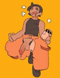 baggy_clothing baggy_pants brown_hair closed_eyes dripping_cum rznant simple_background solo solo_focus solo_male swirly_eyes tagme tan_body wife yellow_background