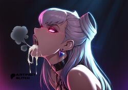 after_fellatio ai_generated artifactglitch chocker cum_in_mouth evelynn_(league_of_legends) gasping_for_air glowing_eyes harness k/da_all_out_evelynn k/da_all_out_series league_of_legends