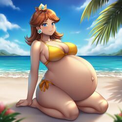 1girls ai_generated beach beach_background bikini bikini_bottom bikini_top blue_eyes blue_eyes_female brown_hair brunette_female brunette_hair brunette_hair_female crown enormous_belly female female_only gigantic_belly huge_belly human human_only hyper_pregnancy lazybonesai light-skinned_female light_skin looking_at_viewer mammal mario_(series) massive_belly mature mature_female nintendo pregnancy pregnant pregnant_belly princess princess_daisy royalty solo solo_female solo_focus super_mario_bros.