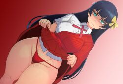 1girls abstract_background annoyed blue_hair blunt_bangs dark_hair gradient_background green_eyes hair_ornament hime_cut ikizulive!_love_live!_bluebird komagata_hanabi lifting_skirt long_hair looking_at_viewer love_live! red_background ribbon sweat thick_thighs thong