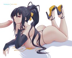 1girls akeno_himejima areolae armwear ass big_ass big_breasts bikini blowjob blowjob_face blue_hair breasts censored censored_penis eggplant feet feet_up female female_only handwear high_heels high_school_dxd huge_ass huge_breasts light-skinned_female light_skin lying lying_on_stomach male melowh panties penis red_eyes solo thick_thighs thighs thong