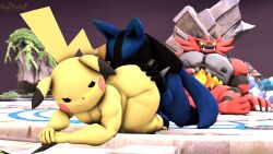 3d 3d_(artwork) bubble_ass bubble_butt commission commissioner_upload conpletely_nude_male crossover dr.ivopingasnik eating_ass hand_on_ass incineroar lucario male masturbating_while_watching non-human non-human_only pikachu pokemon rimjob rimming rimming_male sfm snout super_smash_bros super_smash_bros._ultimate thick_ass toony