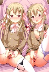 2girls bar_censor blush brown_hair censored flat_chest hair_ornament long_hair looking_at_viewer lying multiple_girls nomikata on_back open_mouth pink_eyes pussy smile spread_pussy