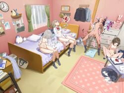 4girls absurdres analog_clock aqua_bra bag bar_censor bed bedroom bow bowtie bra bra_lift breasts breasts_apart brown_hair censored chest_of_drawers clock closed_eyes closed_mouth commentary_request completely_nude curtains dildo excessive_pussy_juice female female_masturbation female_orgasm fingering grey_hair grey_skirt grey_socks group_masturbation head_back highres holding holding_sex_toy indoors legs_apart lemontyoisy_r18 long_hair long_sleeves masturbation medium_breasts medium_hair multiple_girls navel nipples no_shoes nude on_bed on_floor open_clothes open_shirt orgasm original panties petite pink_bra pink_panties pussy pussy_juice red_bow red_bowtie rug school_bag sex_toy shirt short_hair sitting skirt small_breasts socks sound_effects speech_bubble spread_legs standing stomach straight_hair stuffed_animal stuffed_toy table torogao translation_request underwear unworn_bowtie unworn_bra unworn_panties unworn_shirt unworn_skirt wet wet_clothes wet_panties wet_spot white_shirt window yellow_bra yellow_panties