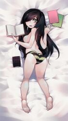 1girls aria_(parororo) aria_wintermint ass black_hair books breasts green_eyes hair_over_one_eye long_hair looking_back medium_breasts on_stomach one_eye_covered panties parororo sideboob striped_panties