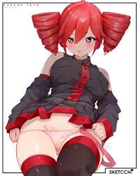 1girls 2d 2d_(artwork) ahoge bicio big_breasts big_thighs blush blush_lines breasts clothed clothed_female clothing curvaceous curvy curvy_female curvy_figure detached_sleeves embarrassed embarrassed_female female female_only huge_breasts kasane_teto large_breasts large_thighs low-angle_view panties pulling_down_panties pulling_panties red_eyes red_hair simple_background skirt skirt_lift slim_waist solo solo_female thick_thighs thighhighs thighs tongue tongue_out twin_drills upskirt utau white_background white_panties wide_hips