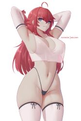 1girls armpits arms_behind_head armwear big_breasts blue_eyes breasts busty female female_only hi_res high_quality high_resolution high_school_dxd highres large_breasts legs light-skinned_female light_skin long_hair looking_at_viewer melowh navel panties partially_clothed red_hair rias_gremory see-through sensual sexy_armpits smile solo thick_thighs thigh_socks thighhighs thighs thong topwear white_socks