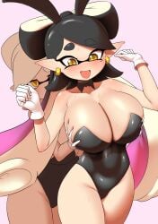 2girls breasts bunny_ears bunnysuit callie_(splatoon) cleavage earrings female gloves hoop_earrings large_breasts long_hair marie_(splatoon) mole mole_under_eye nintendo nobunagapero open_mouth playboy_bunny pointy_ears short_hair splatoon squid_sisters tentacle_hair two_tone_hair white_gloves yellow_eyes