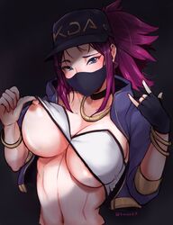 1girls akali alternate_costume areolae baseball_cap big_breasts blue_eyes clothing female female_only flashing gloves hat k/da_akali k/da_series large_breasts league_of_legends looking_at_viewer nipples one_breast_out presenting shirt shirt_lift solo strapless strapless_top strapless_topwear tinnies tubetop