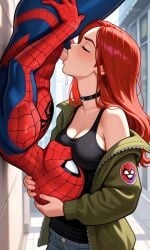 1boy 1girls ai_generated black_tank_top breasts choker costume emblem fellatio female green_jacket jacket jeans kosine1777 male marvel marvel_comics mary_jane_watson medium_breasts oral oral_sex red_hair spider-man spider-man_(series) spider-man_blowjob standing tank_top upside-down upside-down_fellatio