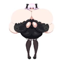 animated belly_expansion breast_expansion breasts female indulgences lucy_(indulgences) maid_uniform pink_hair pixel_art tight_clothing
