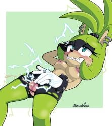 absurd_res afrosoricid anthro blush bodily_fluids bottomwear breasts clothing ear_piercing electric_shock electricity electrostimulation elemental_manipulation female genital_fluids hair hi_res idw_publishing looking_pleasured lying mammal masturbation nipple_piercing nipples on_back pants piercing ponytail pussy sega senshion sharp_teeth shock shocked shocking signature solo sonic_(series) sonic_the_hedgehog_(comics) sonic_the_hedgehog_(idw) sonic_the_hedgehog_(series) sparks surge_the_tenrec teeth tenrec torn_bottomwear torn_clothing torn_pants vaginal_fluids