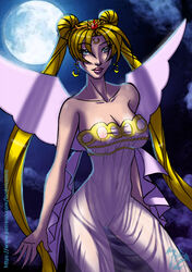 bangs bare_arms bare_shoulders bishoujo_senshi_sailor_moon blonde_hair blue_eyes breasts cleavage closed_mouth clothing cloud collarbone crown double_bun dress earrings eyebrows_visible_through_hair eyes_visible_through_hair facial_mark female female_only forehead_mark full_moon hair_ornament highres jewelry large_breasts lips lipstick long_hair lordnicomic magical_girl makeup moon moonlight neck neo_queen_serenity night night_sky nipples parted_bangs pink_lipstick pussy see-through see-through_clothing see-through_dress sky smile solo strapless strapless_dress twintails uncensored usagi_tsukino very_long_hair wings