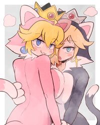 2girls :3 animal_ears black_bodysuit blonde_hair blush blush_stickers bodysuit breast_press breasts cat_ears cat_peach cat_rosalina cat_tail catsuit crown female highres kurachi_mizuki large_breasts looking_at_viewer mario_(series) multiple_girls nintendo pink_bodysuit princess_peach princess_rosalina smile super_mario_3d_world symmetrical_docking tail yuri