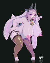 2025 2_horns 4_fingers 4_toes absurd_res anthro areola artist_logo artist_name ass bedroom_eyes belly big_belly big_breasts big_butt biped black_background black_clothing black_horn black_legwear black_stockings bodily_fluids bovid breasts caprine chinese_description claws clothing costom10 countershade_fur countershade_torso countershading cowbell cowbell_collar curvy_figure cute_fangs digital_media_(artwork) digital_painting_(artwork) digitigrade eye_through_hair eyebrow_through_hair eyebrows eyelashes eyeshadow fangs feet female female_anthro finger_claws fingers floppy_ears full-length_portrait fur garter_belt garter_straps glistening glistening_body glistening_breasts glistening_eyes glistening_hair glistening_horn glistening_thighs goat hair head_horn heart_symbol hi_res horn huge_breasts huge_ears lactating legwear logo long_ears long_hair long_nipples looking_at_viewer lop_ears makeup mammal narrowed_eyes nipples nude nude_anthro nude_female oiled_body open_mouth painting_(artwork) pink_eyes pink_eyeshadow pink_hair pink_inner_ear portrait puffy_areola scut_tail seductive short_tail simple_background slightly_chubby slightly_chubby_anthro slightly_chubby_female solo squish standing stirrup_legwear stirrup_stockings stockings tail teeth text thick_eyelashes thigh_squish toe_claws toes tongue tongue_out translucent translucent_clothing translucent_hair translucent_legwear translucent_stockings white_body white_countershading white_fur
