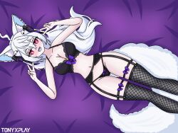 bed black_bra black_lingerie black_panties blush blushing blushing_at_viewer blushing_female fishnets fox_ears fox_tail ghost_girl lace_stockings lingerie navel only_female pookyboo purple_sheets red_eyes thighs tony_x_play tonyxplay vtuber vtuber_fanart vtuberfanart white_hair