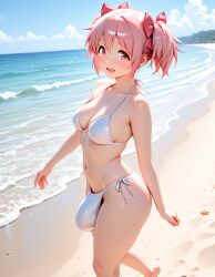 1futa ai_generated beach bikini breasts bulge futanari intersex large_penis looking_at_viewer madoka_kaname mahou_shoujo_madoka_magica medium_breasts solo walking zmanguy