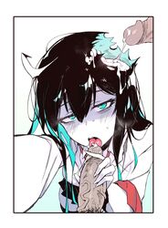 2boys absurdres bags_under_eyes black_hair blue_hair cum cum_in_hair fellatio female foreshortening hair_mouth highres karasu_raven messy_hair monster_girl multicolored_hair multiple_boys oral original pale_skin penis teeth tongue tongue_out uncensored