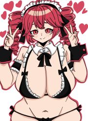 1girls 2d 2d_(artwork) arm_strap artist_request belly big_breasts big_thighs bikini blush blush_lines breasts cleavage curvaceous curvy curvy_female curvy_figure detached_collar detached_cuffs double_v female female_only heart hearts_around_head huge_breasts huge_thighs kasane_teto large_breasts large_thighs maid maid_bikini maid_headdress micro_bikini navel peace_sign red_eyes red_hair simple_background skindentation smile solo solo_female thick_thighs thighs top_heavy twin_drills utau voluptuous voluptuous_female white_background wide_hips