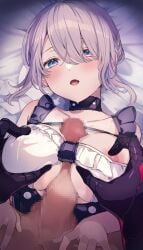 1boy aoto_neko blue_eyes blush braid breasts casual_one-piece_swimsuit censored choker clothing_cutout collarbone d: dripping_sweat female frilled_one-piece_swimsuit frills grabbing_another's_breast groping hair_over_one_eye hair_ribbon hands_on_another's_crotch highres large_breasts maid maid_one-piece_swimsuit mosaic_censoring multicolored_eyes nipple_rub nipple_rub_through_clothes nipple_slip nipple_stimulation nipples oerba_yun_fang one-piece_swimsuit open_mouth original paizuri penis pink_eyes pov pov_crotch pov_hands purple_choker purple_hair ribbon sidelocks skin_fang straight sweat swimsuit two-tone_eyes unconventional_maid underboob_cutout