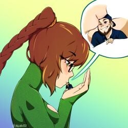 adorable artwork big_female_small_male boob_window braided_ponytail breasts brown_hair commission digital_art female gentle gentle_giant gentle_giantess giantess glasses green_dress green_eyes hollewdz kissing male micro_in_hand shrunken_male simple_background size_difference smooch terra_terraqueous tiny