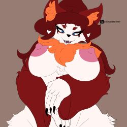 absurd_res anthro big_breasts blue_eyes breasts clothing female hat headgear headwear hi_res looking_at_viewer markings nipples pal_(species) palworld pink_nipples pocketpair red_body red_markings solo under_boob white_body witch_hat wixen zortrex