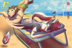 ?! anthro beach canid canine canis clothed clothing duo erection felid hi_res humanoid_penis lion lying male mammal nude on_front pantherine penis reymon_comander seaside spanking sport sunbathing volleyball wolf yaoi