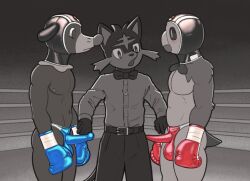 2025 ambiguous_gender anthro ballboxing balls blush boxing boxing_gloves clothing cock_sheath dcheese digital_media_(artwork) duo erection erection_under_clothing fighting_ring generation_7_pokemon genital_outline genitals group handwear headgear hi_res leather leather_clothing leather_headgear litten looking_down male male/male mammal marine nintendo nipples penis_clothing pinniped pokemon pokemon_(species) popplio referee rowlet sport thong trio underwear