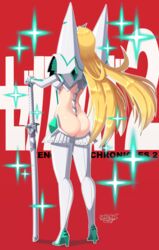 1girls absurdres armor artist_name ass back bakuzan blonde_hair blush breasts butt_crack clogs clothing cosplay crossover elbow_gloves female female_only from_behind gloves hair_ornament headpiece highres holding holding_sword holding_weapon horns jewelry junketsu kill_la_kill kiryuuin_satsuki_(cosplay) large_breasts long_hair long_sleeves mythra_(xenoblade) nintendo red_background revealing_clothes sarukaiwolf scabbard shoulder_armor simple_background skirt solo spikes suspenders sword thighhighs tiara very_long_hair watermark weapon white_background white_gloves white_legwear xenoblade_(series) xenoblade_chronicles_2