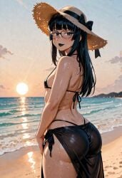 1boy ai_generated androgynous beach big_butt black-framed black_hair closed_eyes crossdressing femboy freckles glasses hime_cut micro_bikini open_mouth sarong smile smiling standing sun_hat thick_thighs wide_hips