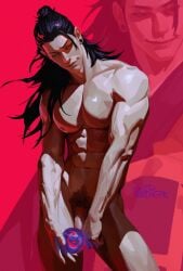 1boy abs arms_up artistic artistic_nude bara bara_tiddies bara_tits barazoku erect_penis erection erection_under_clothes fully_naked fully_nude genital_outline genitals jujutsu_kaisen male male_focus male_only muscular muscular_arms muscular_male partially_visible_genitals pecs penis penis_out pinup pubes pubic_hair six_pack solo solo_focus solo_male suguru_geto tasteful tasteful_nudity toned toned_body toned_male toned_stomach voidbringerr