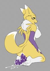 2018 anthro ass blue_eyes breasts canid canine chest_tuft claws cum cum_inside digimon digimon_(species) dildo dipstick_ears dipstick_tail female female_only fur furry gloves hexteknik highres large_breasts looking_at_viewer mammal masturbation multicolored_ears multicolored_tail neck_tuft nipples nude open_mouth paws renamon sex_toy simple_background smile solo tuft vaginal_insertion vaginal_penetration white_fur yellow_fur