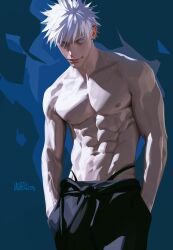 1boy abs arms_up artistic artistic_nude bara bara_tiddies bara_tits barazoku jujutsu_kaisen male male_focus male_only muscular muscular_arms muscular_male no_visible_genitalia pecs satoru_gojo six_pack solo solo_focus solo_male suggestive suggestive_pose tasteful tasteful_nudity thong thong_straps toned toned_body toned_male toned_stomach topless topless_male voidbringerr