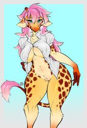 anthro avante92 blue_eyes blush bottomless breasts brown_spots female female_focus fur furry furry_only giraffe giraffid highres horn innie_pussy large_breasts looking_at_viewer mammal mostly_nude naked nude ossicone pink_hair pussy simple_background solo solo_female solo_focus spots tail thick_thighs topwear wide_hips yellow_fur