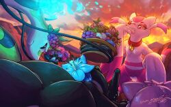 absurd_res anthro charizard clothing collar digital_media_(artwork) eeveelution espeon fan_character female feral fire flower food fruit fur generation_1_pokemon generation_2_pokemon generation_5_pokemon genitals gingy_k_fox group hi_res ivy_terroir lilly_(pinktabico) male mammal mienshao misu_nox mountain nintendo plant pokemon pokemon_(species) pokemon_mystery_dungeon reptile scalie serperior shaded shiny_pokemon signature spike_chunsoft tail vines vulva wanderlust