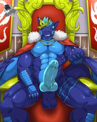 2019 5_fingers abs alphamoonlight anthro balls biceps blue_balls blue_eyes blue_glans blue_hair blue_penis blue_scales chair claws crown dragon eli_(papadwaggy) erection glans grin hair hi_res hybrid_penis king knot looking_at_viewer male male_only membranous_wings muscular muscular_male naked_cape pecs penis precum quads royalty sagging_balls scales scalie serratus short_hair sitting smile solo teeth throne white_claws wings