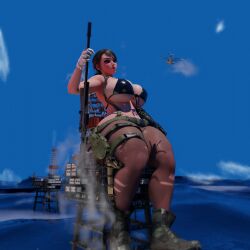 big_ass big_breasts big_butt bigger_female bikini black_bikini breasts brown_hair female giant_breasts giantess green_eyes gun guns huckleberry8181 huge_ass huge_breasts konami metal_gear_solid quiet_(metal_gear) smug thick thick_ass thick_legs thick_thighs tight_clothing
