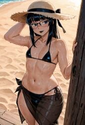 1boy ai_generated androgynous beach big_butt black-framed black_hair closed_eyes crossdressing femboy freckles glasses hime_cut micro_bikini open_mouth sarong smile smiling standing sun_hat thick_thighs wide_hips