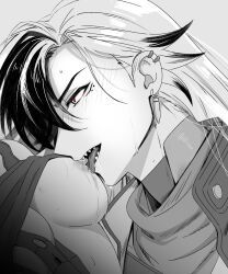 1boy1girl @xobxx1010 big_breasts boothill_(honkai:_star_rail) licking_nipple monochrome saliva shark_teeth stelle_(honkai:_star_rail) topwear
