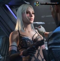 1boy1girl ai_generated big_lips black_bra black_eyelashes black_lingerie blonde-haired_female blonde_female blonde_hair blue_clothes blush brown_eyebrows dark-skinned_male female gloves gun light-skinned_female light_skin lingerie_only long_eyelashes long_hair male owlcat_games pointing_gun regina_marek sexy_female sucking_lips the_expanse:_osiris_reborn username video_game video_game_character x_username yallahs80