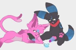 2025 animal_genitalia animal_penis black_body black_ear_tips black_fur black_hair black_scarf black_tail blue_eyes bodily_fluids canine_genitalia canine_penis container cum cum_in_a_cup cum_in_container cup dipstick_ears ear_markings eeveelution ejaculation espeon eyewear facial_markings fur generation_2_pokemon genital_fluids genitals glasses grey_background hair half-closed_eyes head_markings hi_res knot markings mary_crystalline_(cyan_stars) multicolored_ears narrowed_eyes nintendo open_mouth orgasm_face pawpads penis pink_body pink_fur pink_pawpads pink_tail pokemon pokemon_(species) red_scarf ring_(marking) ringed_tail scarf simple_background star_(star_umbreon) star_umbreon striped_markings striped_tail stripes tail tail_markings telekinesis telekinesisjob umbreon yellow_eyes