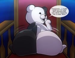 1boy 2d ass ass_focus bear big_ass big_butt butt_focus danganronpa fat_ass fat_butt furry furry_only laughing looking_at_viewer looking_back looking_over_shoulder male male_only mocking_viewer monokuma motion_lines no_genitals no_sex nonhuman nude robot short_tail shortstack sitting sitting_on_chair smile solo solo_male speech_bubble spike_chunsoft tail talking_to_viewer taunting taunting_viewer tepigfan101 text ursid wobbling_ass