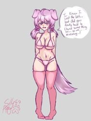 bikini color colored hourglass_figure hourglass_figured_female lost_bet nervous_expression nervous_face no_background on_tiptoes pink_eyes pink_hair shaded sillypuppy69 speaking_to_viewer thigh_highs tight_bikini tight_clothing twintails