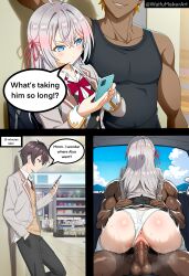 ai_generated alisa_mikhailovna_kujou ass car car_interior cheating cheating_girlfriend comic comic_page comic_panel cowgirl_position dark-skinned_male doga_kobo hi_res high_quality high_resolution highres huge_cock interracial male motion_lines penis pounding_ass pussy pussy_juice pussy_juice_drip sex tokidoki_bosotto_russian_de_dereru_tonari_no_alya-san vaginal_penetration veiny_penis waifumakerart