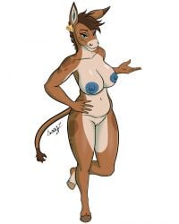 5_fingers anthro asinus blue_eyes blue_nipples breasts brown_body brown_eyebrows brown_fur brown_hooves donkey ear_piercing ear_tag equid equine eyebrows female fingers fur genitals googz hi_res hooves innie_vulva mammal multicolored_body multicolored_fur navel nipples piercing scrap_(cow_of_fire) simple_background slightly_chubby slightly_chubby_anthro slightly_chubby_female solo standing tail tail_tuft tuft vulva white_background